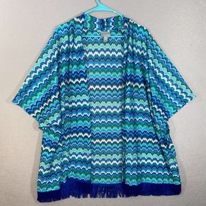 Susan Graver Cardigan Womens XL Blue Green Chevron Kimono Sleeve Tasseled Casual